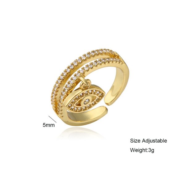 3/$35 Copper Open Ring Double Row Evil Eye Dangle Charm Gold Cubic Zirconia - Picture 6 of 7